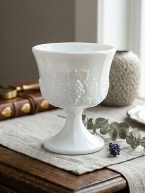 Tuscan Milk Glass Grape Vine Goblet Glass Vase Vessel Fruit Bowl Collectible